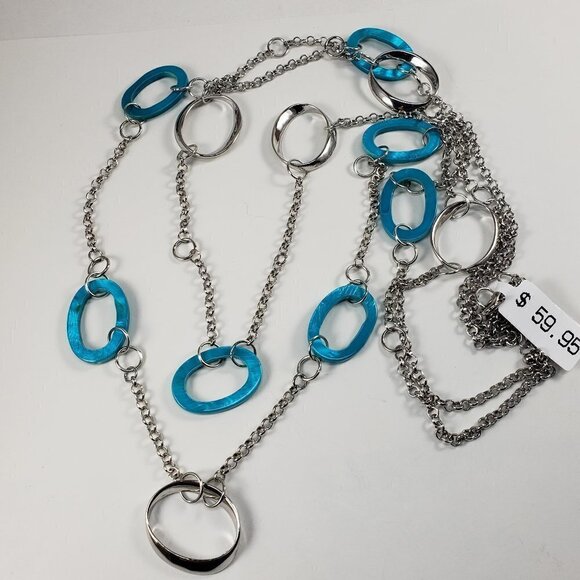 Silver & Turquoise Oval Link Layered Statement Necklace - 38" Women's  Jewelry - Picture 3 of 10